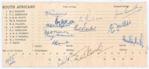South Africa tour to England 1955. Trimmed section of a scorecard nicely signed in ink by twelve members of the South African touring party. Signatures are Goddard, McLean, Cheetham, Endean, Winslow, Murray, Mansell, Heine, Smith, Fuller, Keith and Duckwo