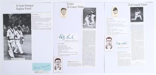 West Indies. &lsquo;The Three W&rsquo;s&rsquo;. Three individual signatures in ink of Frank Worrell, Everton Weekes and Clyde Walcott, each signed to piece laid to a large page with biographical information about the respective player. Good condition.