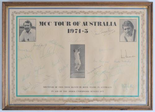 &lsquo;M.C.C. Tour of Australia 1974-5&rsquo;. Large souvenir autograph sheet produced for Derek Underwood&rsquo;s benefit in 1975. The sheet with decorative colour borders in blue, gold and green, printed titles, photographic images of the captains, Mike Denness and Ian C