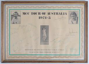 &lsquo;M.C.C. Tour of Australia 1974-5&rsquo;. Large souvenir autograph sheet produced for Derek Underwood&rsquo;s benefit in 1975. The sheet with decorative colour borders in blue, gold and green, printed titles, photographic images of the captains, Mike Denness and Ian C