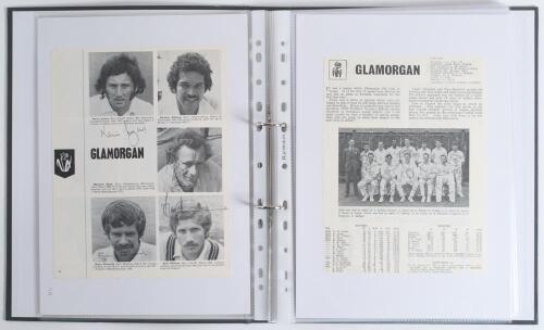 Glamorgan C.C.C. 1950s-1980s. Black file comprising newspaper and magazine cuttings, pages etc. with over three hundred signatures of individual players and multi-signed Glamorgan teams. Signatures include Wooller, Shepherd, Nash, Lewis, A. Jones, Llewell