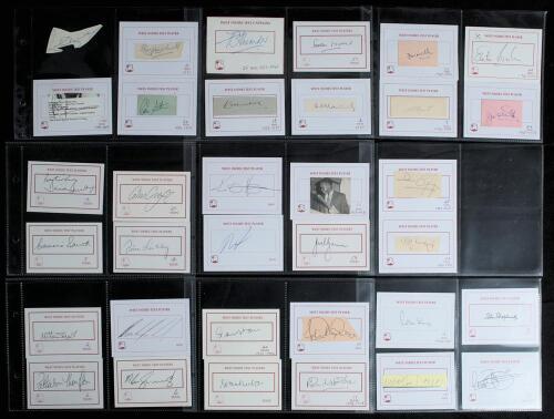 West Indies Test cricketers 1920s onwards. A large selection of over ninety signatures, mainly modern, some earlier, the majority signed to white &lsquo;West Indies Test Player&rsquo; cards, some on pieces laid down, some loose, and other cards. Earlier signatures in