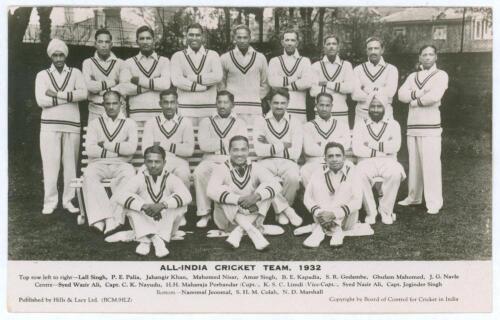 All-India Cricket Team, 1932&rsquo;. Official mono real photograph postcard of the India team seated and standing in rows wearing cricket attire. Signed in ink to verso by sixteen members of the India touring party. Signatures include Nayudu, Limbdi, Palia, Ama