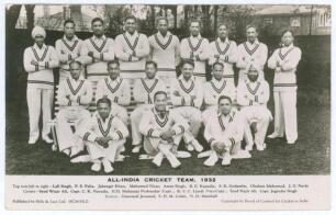All-India Cricket Team, 1932&rsquo;. Official mono real photograph postcard of the India team seated and standing in rows wearing cricket attire. Signed in ink to verso by sixteen members of the India touring party. Signatures include Nayudu, Limbdi, Palia, Ama