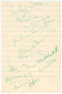 &lsquo;All-India Test Team 1935/36&rsquo;. Lined page signed in green ink by eleven members of the India team who played Australia in the un-official Tests of 1935/36. Signatures include Yuvraj of Patiala, Palia, Amarnath, C.K. Nayudu, Mustaq Ali, Navle, C.S. Nayudu 