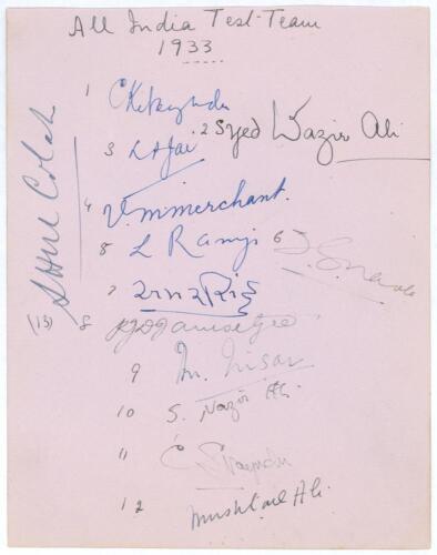 &lsquo;All-India Test Team 1933&rsquo;. Large album page signed in blue and black ink by thirteen members of the India team who played England in the 1st Test in Bombay, 15th-018th December 1933 (the inaugural Test match played in India). Signatures include Nayudu (C