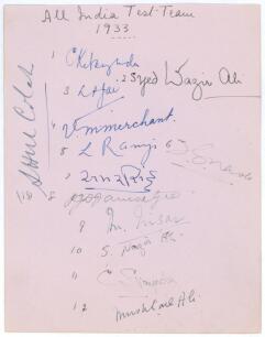 &lsquo;All-India Test Team 1933&rsquo;. Large album page signed in blue and black ink by thirteen members of the India team who played England in the 1st Test in Bombay, 15th-018th December 1933 (the inaugural Test match played in India). Signatures include Nayudu (C