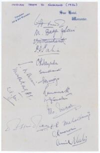 All India tour of England 1936. A piece of &lsquo;The Star Hotel, Worcester&rsquo; headed paper very nicely signed in ink by seventeen members of the Indian touring party to England in 1936. Signatures include Maharajkumar of Vizianagram, Nayudu, Ramaswamy, Merchant,