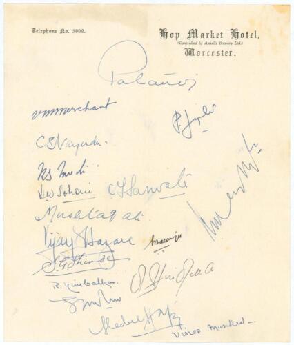 All India tour of England 1946. A piece of &lsquo;Hop Market Hotel, Worcester&rsquo; headed paper very nicely signed in ink by all seventeen members of the Indian touring party to England. Signatures include Pataudi (Cpt), Merchant, Nayudu, Hazare, Mankad, Modi, Must