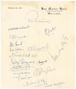 All India tour of England 1946. A piece of &lsquo;Hop Market Hotel, Worcester&rsquo; headed paper very nicely signed in ink by all seventeen members of the Indian touring party to England. Signatures include Pataudi (Cpt), Merchant, Nayudu, Hazare, Mankad, Modi, Must