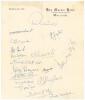 All India tour of England 1946. A piece of &lsquo;Hop Market Hotel, Worcester&rsquo; headed paper very nicely signed in ink by all seventeen members of the Indian touring party to England. Signatures include Pataudi (Cpt), Merchant, Nayudu, Hazare, Mankad, Modi, Must