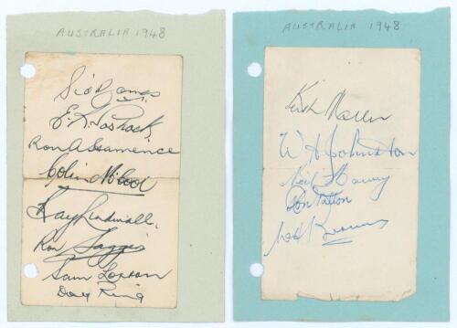 Australia tour to England 1948. Two small album pages nicely signed in ink by thirteen playing members of the 1948 touring party. Signatures are Barnes, Toshack, Hamence, McCool, Lindwall, Saggers, Loxton, Ring, Miller, Johnston, Harvey, Tallon and Brown.