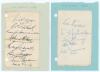 Australia tour to England 1948. Two small album pages nicely signed in ink by thirteen playing members of the 1948 touring party. Signatures are Barnes, Toshack, Hamence, McCool, Lindwall, Saggers, Loxton, Ring, Miller, Johnston, Harvey, Tallon and Brown.