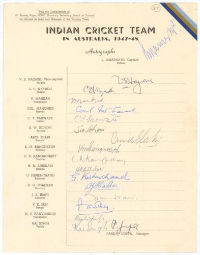 India tour to Australia 1947/48. Very rare official autograph sheet with printed title and players&rsquo; names, fully signed in ink by all eighteen listed members of the touring party. Signatures are Amarnath (Captain), Hazare, Nayudu, Mankad, Gul Mahomed, Soh