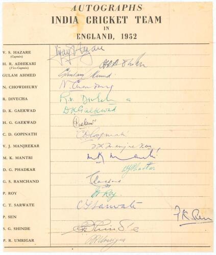 India Cricket Team in England 1952. Rare official autograph sheet, with printed title and players&rsquo; names, fully signed in different coloured inks by seventeen members of the India touring party. Players&rsquo; signatures include V.S. Hazare (Captain), A.D. Adhi