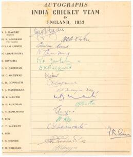 India Cricket Team in England 1952. Rare official autograph sheet, with printed title and players&rsquo; names, fully signed in different coloured inks by seventeen members of the India touring party. Players&rsquo; signatures include V.S. Hazare (Captain), A.D. Adhi