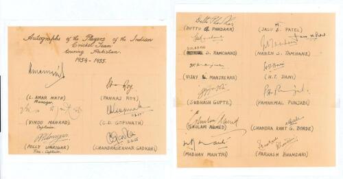 &lsquo;Autographs of the players of the Indian Cricket Team touring Pakistan 1954-55&rsquo;. Home crafted autograph sheet, now in two sections, very nicely signed in ink by all eighteen members of the Indian touring party including the manager Armanath. Signatures in