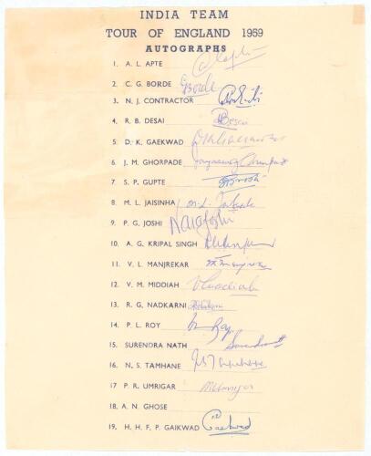 &lsquo;India Team Tour of England 1959&rsquo;. Official autograph sheet with printed title and players&rsquo; names. Fully and nicely signed in ink by all nineteen listed members of the India touring party with the exception of the manager Ghose. Signatures are Apte, Borde