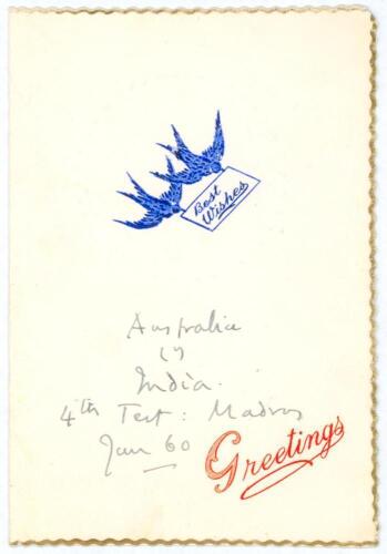 &lsquo;India v Australia, 4th Test, Madras January 1960&rsquo;. Greetings card with handwritten title to front cover. Signed inside on one side of the card by thirteen of the Indian team and to the other by seventeen of the Australian team. Signatures include Ramchan