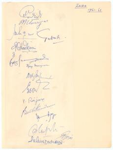 India Cricketers 1961/62. Plain page signed by fifteen Indian players who comprised the squad from which India&rsquo;s Test was selected for the home series against England. Signatures include Pataudi, Umrigar, Manjrekar, Desai, Ranjane, Kunderam, Prasanna, Ja