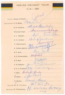 Indian tour of England 1967. Official autograph sheet, with printed title and players&rsquo; names, fully signed in ink by all eighteen members of the touring party. Signatures include Pataudi, Borde, Prasanna, Engineer, Chandrasekhar, Wadekar, Bedi, Saxsena, G