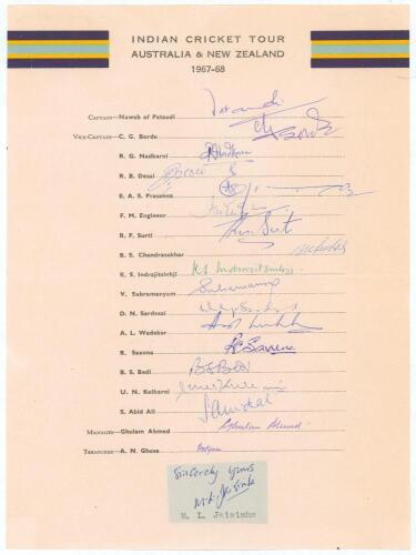 India tour to Australia & New Zealand 1967/68. Rarer official autograph sheet with printed title and players&rsquo; names, fully signed in ink by all eighteen listed members of the touring party. Signatures are Nawab of Pataudi (Captain), Borde, Nadkarni, Desai