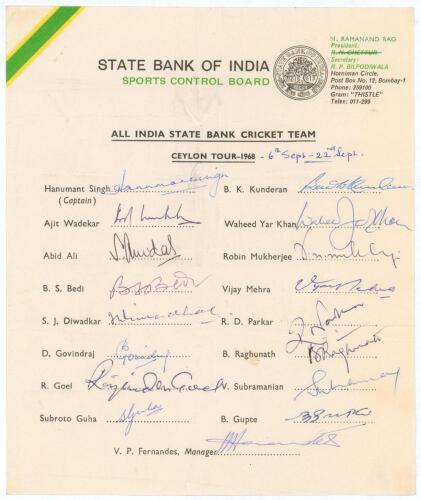 &lsquo;All India State Bank Cricket Team- tour of Ceylon 1968. Official autograph sheet for the tour, which took place in September, with printed title and players&rsquo; names, fully signed in ink by all seventeen listed members of the touring party. Signatures incl