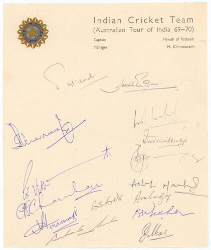 Indian Cricket Team (Australia Tour of India 1969/70). Rare official autograph sheet with printed title signed in ink by fifteen Indian players who played Australia in India in 1969/70. Signatures include Nawab of Pataudi (Captain), Engineer, Bedi, Venkat