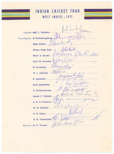 India tour of the West Indies 1971. Official autograph sheet with printed title and players&rsquo; names, fully signed in ink by all seventeen members of the touring party. Signatures include Wadekar (Cpt), Venkataraghavan, Abidali, Bedi, Gavaskar, Jeejeebhoy, 