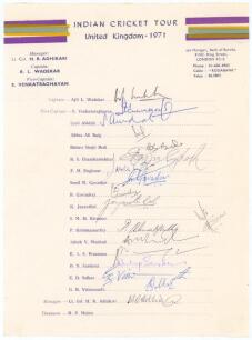 India tour of England 1971. Official autograph sheet with printed title and players&rsquo; names, signed in ink by all eighteen of the listed members of the touring party. Signatures are Wadekar (Cpt), Venkataraghavan, Abidali, Baig, Bedi, Chandrasekhar, Engine