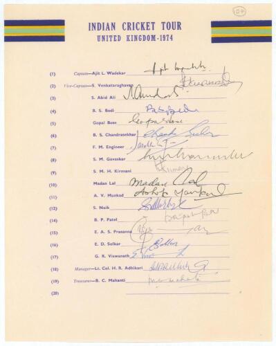 India tour of England 1974. Official autograph sheet with printed title and players&rsquo; names, nicely and fully signed in blue and black ink by all nineteen listed members of the touring party. Players&rsquo; signatures are Wadekar (Cpt), Venkataraghavan, Abid Ali