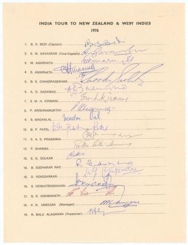 India tour to New Zealand and West Indies 1976. Rarer official autograph sheet with printed title and players&rsquo; names, fully signed in ink by the nineteen listed members of the touring party. Signatures are Bedi (Cpt), Gavaskar, M. Amarnath, S. Amarnath, C