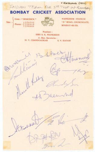 India team v England, 5th Test, Bombay 1976/77 series. Sheet of &lsquo;Bombay Cricket Association&rsquo; headed paper fully signed in ink by the Indian team. Thirteen signatures are Bedi (Cpt), Gavaskar, Chandrasekhar, Gaekwad, Kirmani, Patel, Amarnath, Singh etc. En