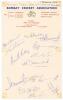 India team v England, 5th Test, Bombay 1976/77 series. Sheet of &lsquo;Bombay Cricket Association&rsquo; headed paper fully signed in ink by the Indian team. Thirteen signatures are Bedi (Cpt), Gavaskar, Chandrasekhar, Gaekwad, Kirmani, Patel, Amarnath, Singh etc. En