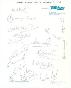 Indian tour of Australia 1977/78. Sheet of &lsquo;Travel Lodge Brisbane&rsquo; headed paper fully signed in ink by the Indian team. Eighteen signatures including Bedi (Cpt), Gavaskar, Chandrasekhar, Kirmani, Patel, Amarnath, Reddy, Chauhan, Madan Lal, Vengsarkar, Man