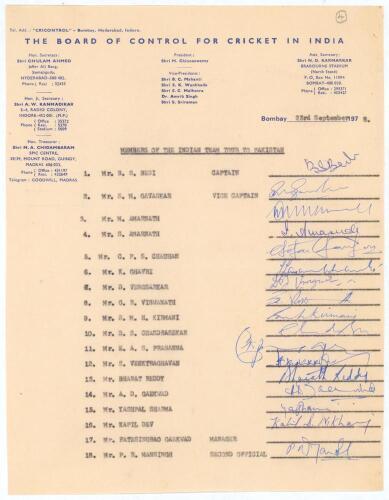 India tour of Pakistan 1978. Rarer official autograph sheet with printed title and players&rsquo; names, fully signed in ink by all eighteen listed members of the touring party with the exception of the manager. Signatures include Bedi (Cpt), Gavaskar, M. Amarn