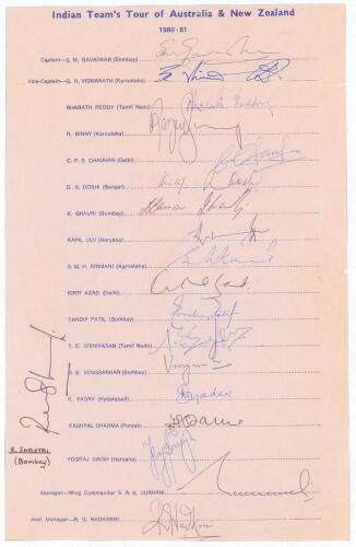 India tour of Australia and New Zealand 1980/81. Rarer official autograph sheet with printed title and players&rsquo; names, fully signed in ink by all eighteen listed members of the touring party. Signatures include Gavaskar (Cpt), Chauhan, Kirmani, Kapil Dev,