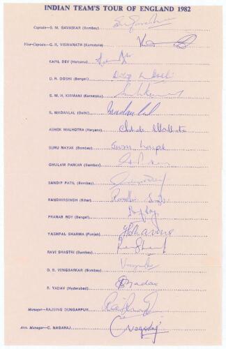 India tour to England 1982. Large official autograph sheet with printed title and players&rsquo; names, fully signed in ink by all eighteen members of the India touring party. Signatures are Gavaskar, (Captain), Vishwanath, Kapil Dev, Doshi, Kirmani, Madal Lal,