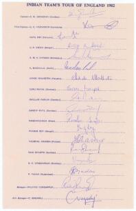 India tour to England 1982. Large official autograph sheet with printed title and players&rsquo; names, fully signed in ink by all eighteen members of the India touring party. Signatures are Gavaskar, (Captain), Vishwanath, Kapil Dev, Doshi, Kirmani, Madal Lal,