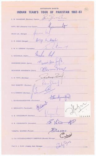 India tour to Pakistan 1982/83. Rarer official autograph sheet with printed title and players&rsquo; names, signed in ink by all eighteen listed members of the India touring party. Signatures are Gavaskar, (Captain), Kapil Dev, Doshi, Kirmani, Madal Lal, Manind