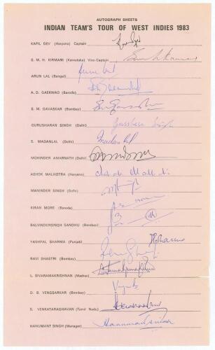 India tour to West Indies 1983. Rarer large official autograph sheet with printed title and players&rsquo; names, fully signed in ink by all eighteen listed members of the India touring party. Signatures are Kapil Dev (Captain), Kirmani, Arun Lal, Gaekwad, Gava