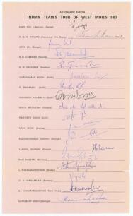 India tour to West Indies 1983. Rarer large official autograph sheet with printed title and players&rsquo; names, fully signed in ink by all eighteen listed members of the India touring party. Signatures are Kapil Dev (Captain), Kirmani, Arun Lal, Gaekwad, Gava