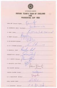 India tour to England, Prudential World Cup 1983. Official autograph sheet with printed title and players&rsquo; names, fully signed in ink by the fifteen listed members of the India touring party. Signatures are Kapil Dev (Captain), Amarnath, Azad, Binny, Gava