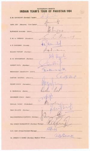 India tour of Pakistan 1984. Rarer large official autograph sheet with printed title and players&rsquo; names, fully signed in ink by all nineteen listed members of the India touring party. Signatures include Gavaskar (Captain), Kapil Dev, Khanna, Binny, Madan 