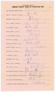 India tour of Pakistan 1984. Rarer large official autograph sheet with printed title and players&rsquo; names, fully signed in ink by all nineteen listed members of the India touring party. Signatures include Gavaskar (Captain), Kapil Dev, Khanna, Binny, Madan 
