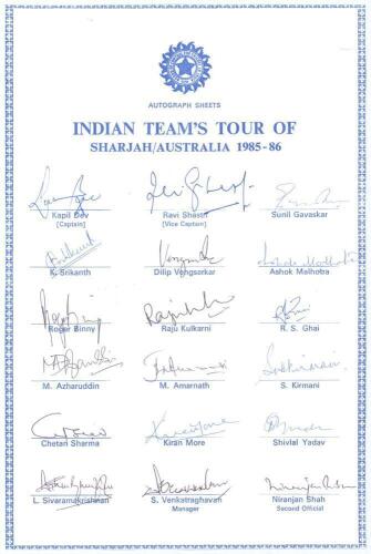 India tour of Sharjah & Australia 1985/86. Rarer official autograph sheet with printed title and players&rsquo; names, fully signed in ink by all eighteen listed members of the India touring party. Signatures include Kapil Dev (Captain), Gavaskar, Binny, Shastr