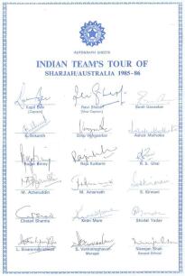 India tour of Sharjah & Australia 1985/86. Rarer official autograph sheet with printed title and players&rsquo; names, fully signed in ink by all eighteen listed members of the India touring party. Signatures include Kapil Dev (Captain), Gavaskar, Binny, Shastr