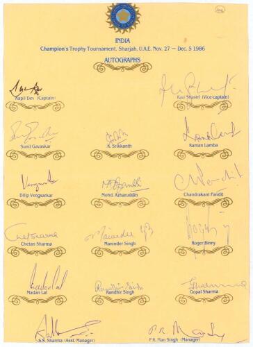 India tour of Sharjah for the Champion&rsquo;s Trophy Tournament November/December 1986. Official autograph sheet/card with printed title and players&rsquo; names, fully signed in ink by all sixteen listed members of the India touring party. Signatures include Kapil 