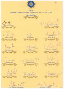 India tour of Sharjah for the Champion&rsquo;s Trophy Tournament November/December 1986. Official autograph sheet/card with printed title and players&rsquo; names, fully signed in ink by all sixteen listed members of the India touring party. Signatures include Kapil 