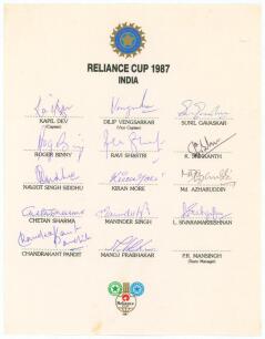 India Reliance Cup 1987. Official autograph sheet with printed title and players&rsquo; names, signed in ink by fourteen listed members of the Indian team for the tournament. Signatures are Kapil Dev (Captain), Vengsarkar, Gavaskar, Binny, Shastri, Srikkanth, S